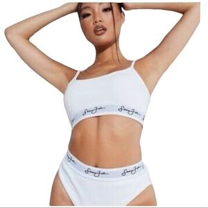 Sean John X Misguided Size 6 White Ribbed Signature Script Panties White Thong